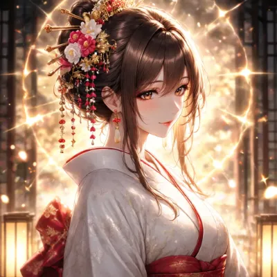 金色の光に包まれる和装美