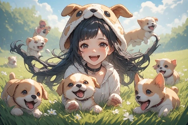 子犬の森で輝く少女の笑顔