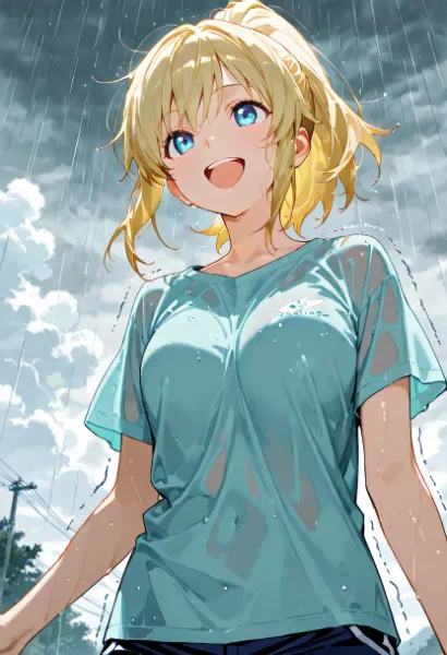 雨に濡れた少女の微笑み