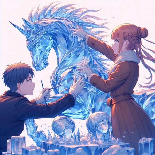 氷の彫刻と男女(3枚)