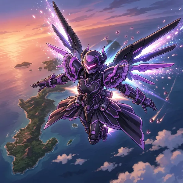 紫翼の機神、夕焼けの空を征く