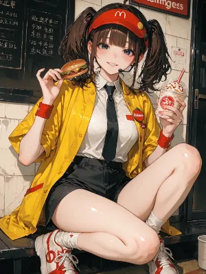 マクドナルドの休憩時間に微笑んで