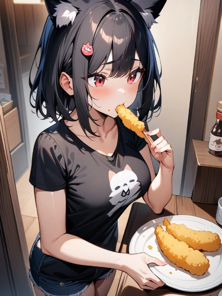 天ぷらを食べる猫耳娘