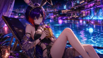 ネオンに浮かぶ紫のバニー 夜の甘い休息