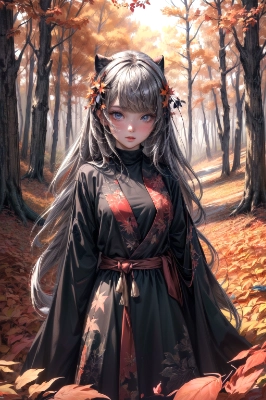 sunset Autumn forest autumn leaves fallen leaves