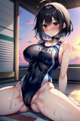 座っている競泳水着少女