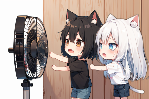 エアコン壊れて扇風機しかにゃいニャー(TOT)