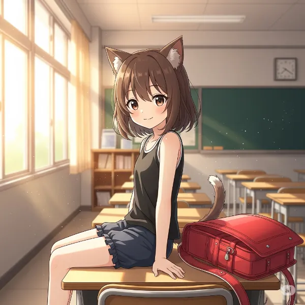 机に座るネコミミ少女