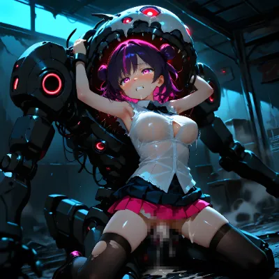 女の子達と廃レストランの化物メカ
