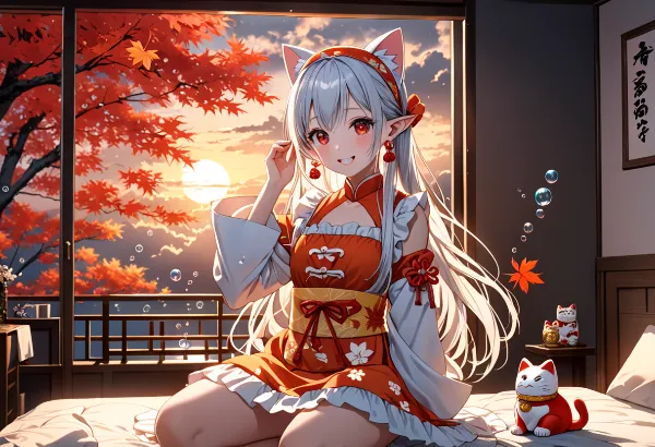 秋風に囁く猫耳少女の夕暮れ