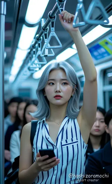 電車の中で、つり革をつかむ - Hold onto the strap on the train