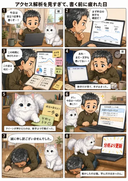 猫漫画コンテンツ6シリーズ  サイベリアンのクィーン お気に入りを、わけてあげる  ちびキャラ ベビークイーン 充電ケーブルは、猫のおもちゃです  クイーンと無職のおっさん現代版 アクセス解析を見すぎて、書解析の数字に囚われた作家と猫の一日