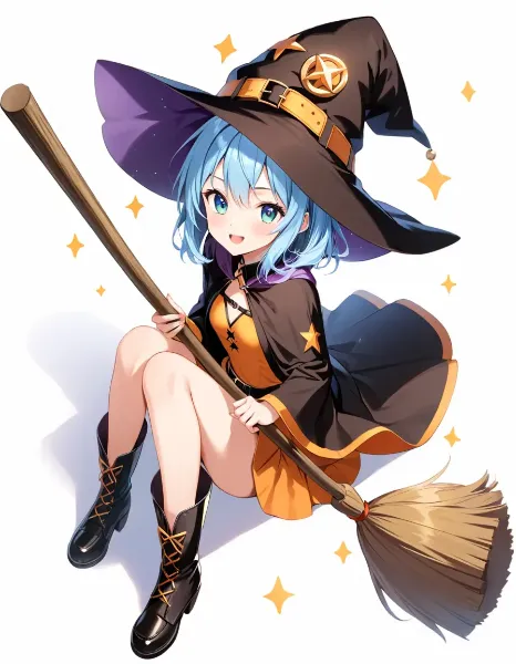 魔法の箒に跨る青髪魔女