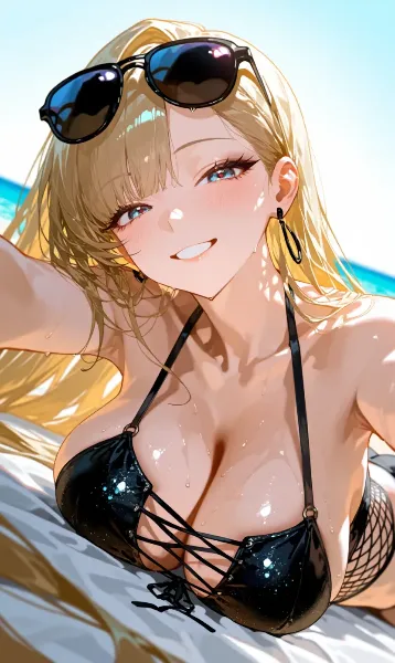 夏の海辺で輝く自撮りの笑顔