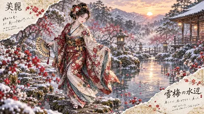 雪梅の水辺で輝く冬の美