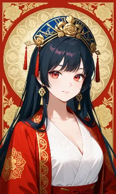 紅装に金彩を纏う赤い瞳の少女