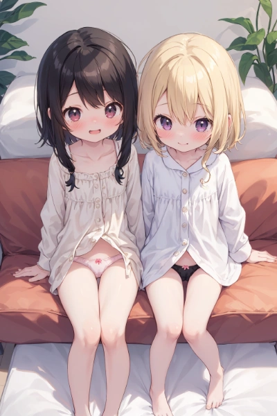 少女二人が並んで座ってパンツを見せてくれる