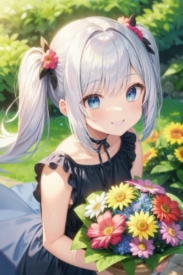 花束と銀髪ツインテールさん