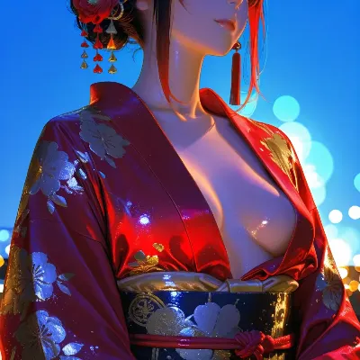 紅い着物の幻想的な美女