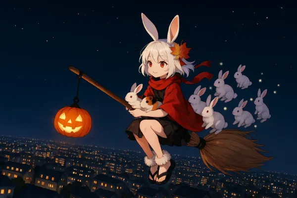 ウサギを引き連れて夜の散歩に出かける某魔女のアニメに影響を受けた秋のウサ耳系女子