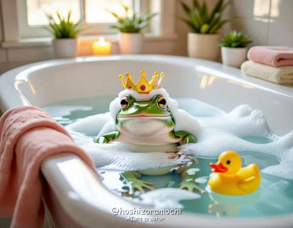 泡だらけのバスタブでごろん、あわあわリラックスガマ - A frog lounges around in a bathtub full of bubbles, relaxing and foaming