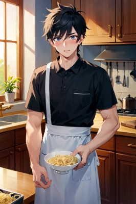 キッチンでそばの用意をする男性