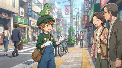 緑帽子の少年と街角の出会い