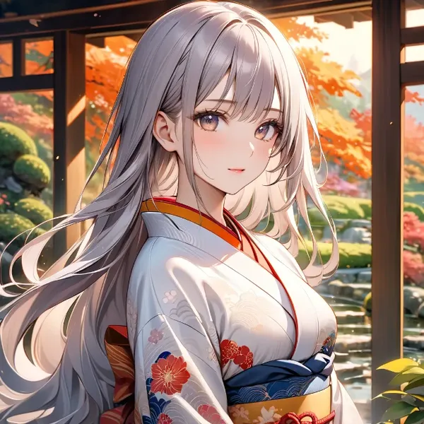 紅葉に包まれた着物少女