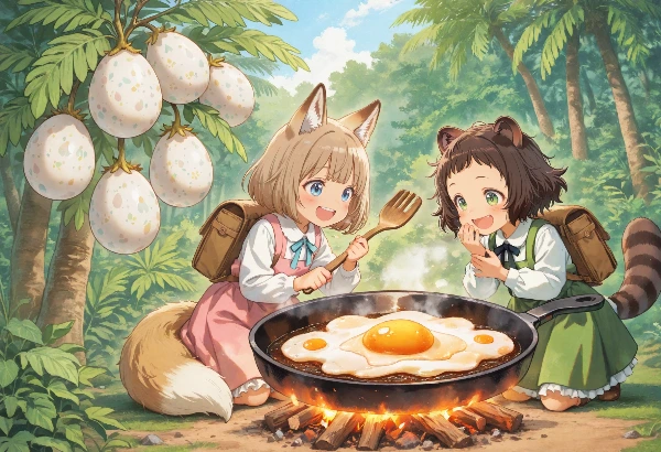 コン子とポン子・大きな目玉焼きを作った