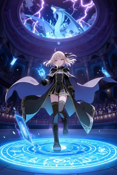 a theatrical anime card battle scene