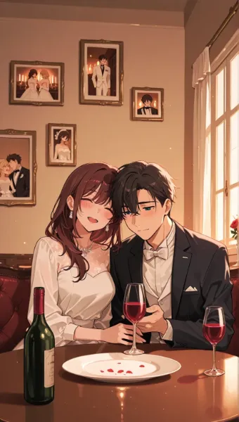 ウェディングフォトを眺めながらワインボトルを開ける夫婦(いい夫婦の日,11月22日 記念日）