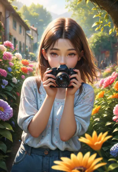 カメラで花を撮影している少女。