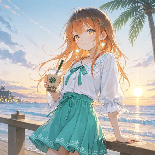 夕陽のビーチで微笑むボバティーガール