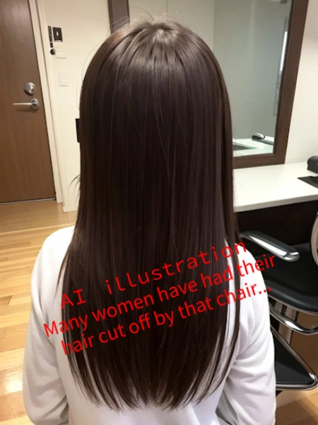 ロングヘア美少女、散髪椅子へ…