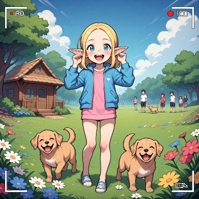 今日のエル子ちゃん(ジャージ姿で子犬とお散歩)