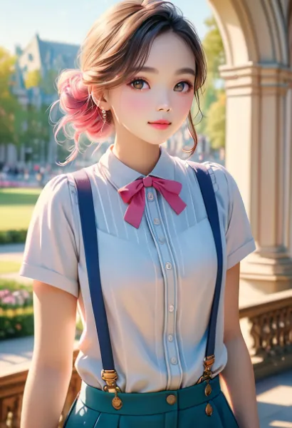 ピンクの髪の少女と古城の庭園