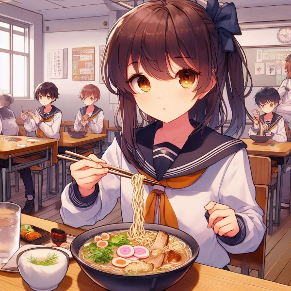 教室でラーメンを食べる娘