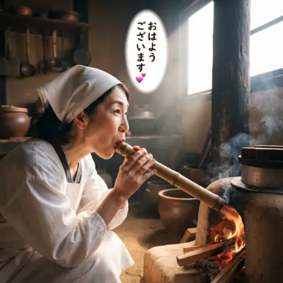 かまどでご飯を炊く女性