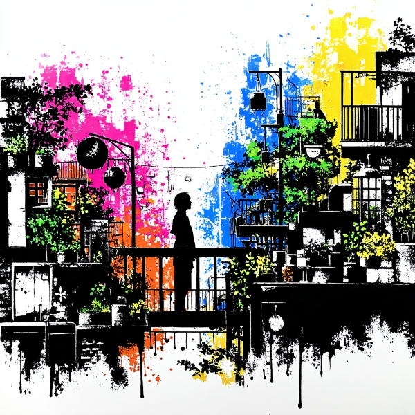 色彩の街に佇む孤独な影