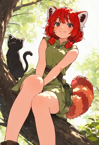 レッサーパンダ少女と黒猫の森の休日