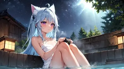 温泉、明るい夜に