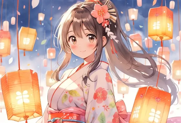 提灯の光に微笑む夏祭りの少女