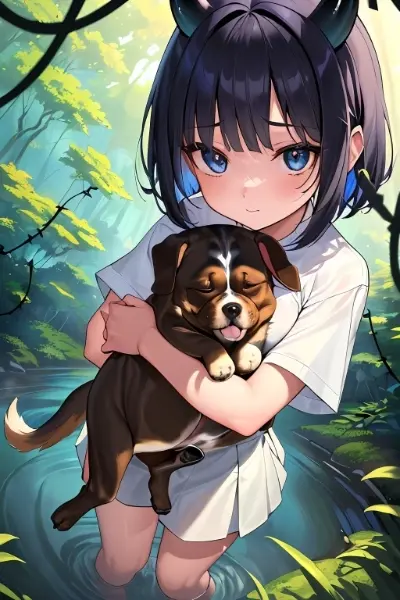 明美が犬を抱いています