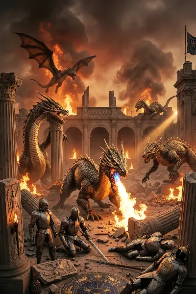炎のドラゴンが襲う古代の砦