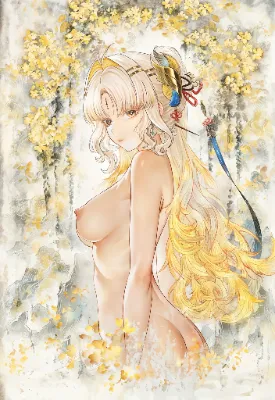 花の水墨画風とヌード姿の穂穂(鳴潮)