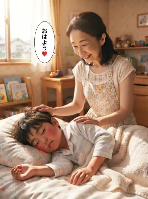 子供を起こす母親