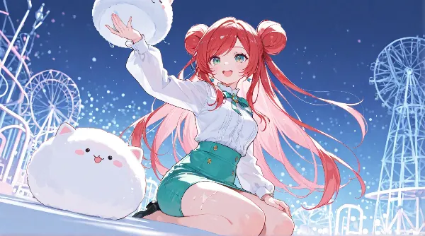 雪の遊園地で遊ぶ赤髪少女