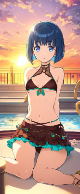夕陽と青髪さん