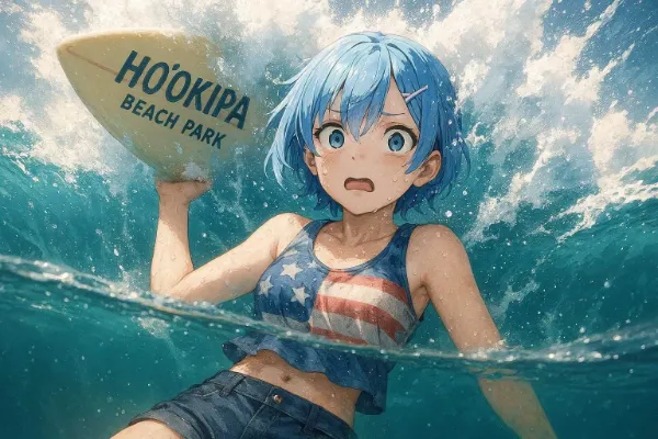 波に驚く星条旗のサーファー少女