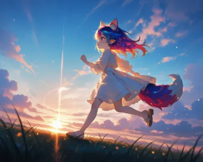 5枚）夕日と走るケモ耳エルフさん